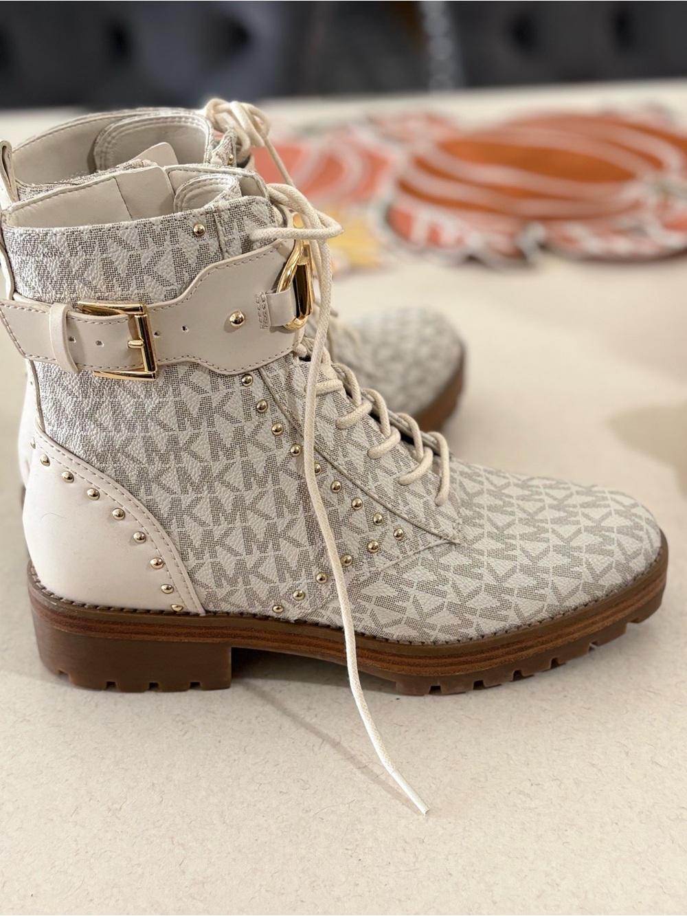 Michael Kors Cream/White Logo Lace-Up Combat Boot with Gold Buckle
